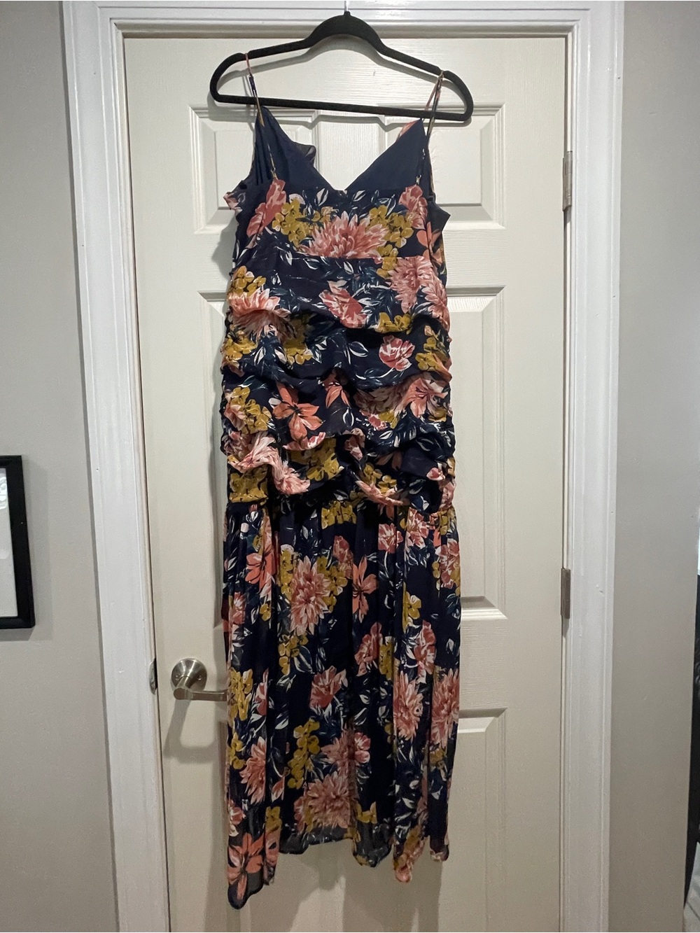Lulus Navy Floral Ruched Ruffle Midi Dress - Picture 2 of 4